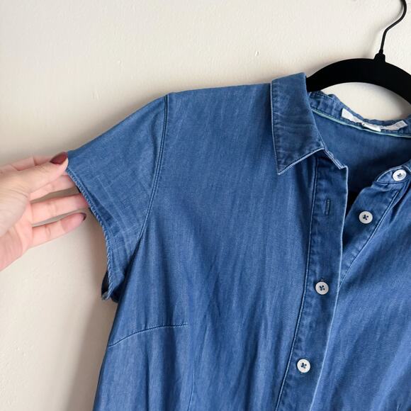 Boden Blue Chamray Short Sleeve Button Front Collared Mini Dress - Size 8 - Picture 2 of 9
